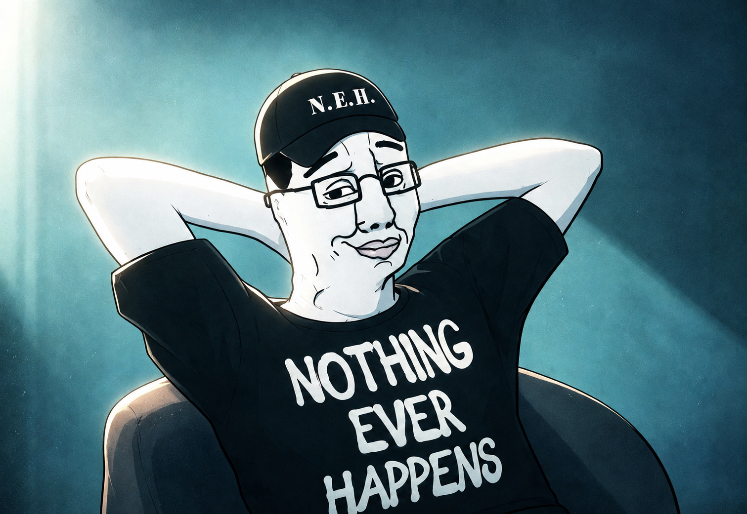 Chudjak leaning back in an armchair wearing an N.E.H. cap and a Nothing Ever Happens shirt